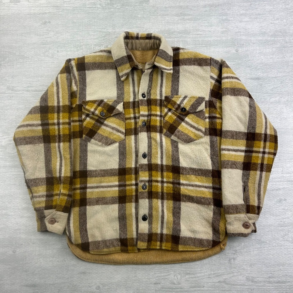 Vintage 50s 60s Briarcliff Sportswear CPO Flannel Jacket Size Small Yellow Brown